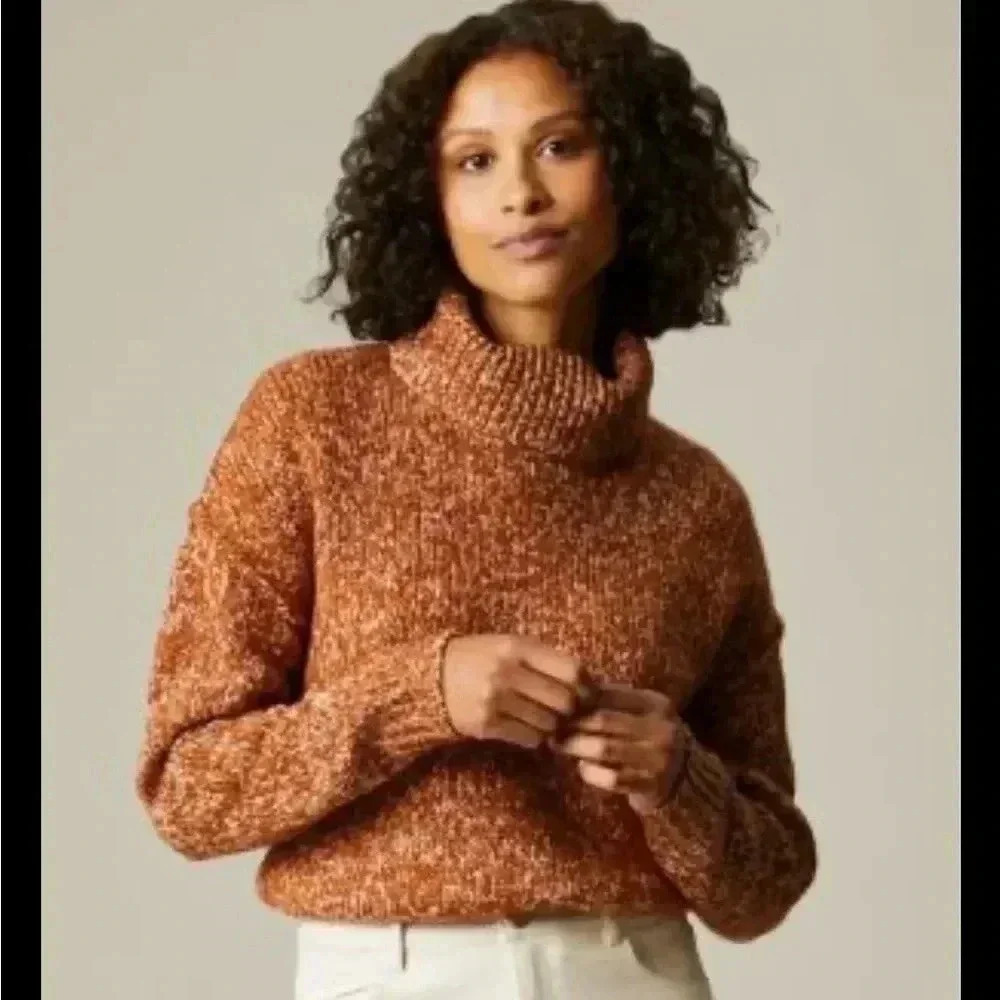 [M]L’Officiel Orange/ Brown Chunky Knit  Turtleneck Pull Over Sweater-NWOT